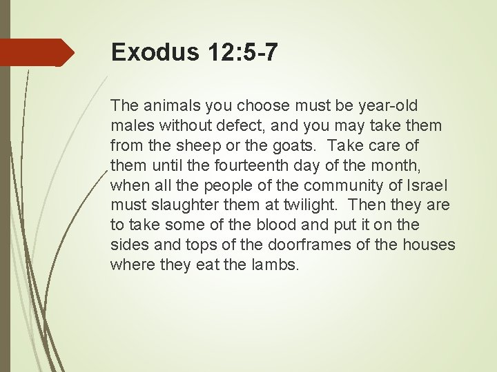 Exodus 12: 5 -7 The animals you choose must be year-old males without defect,