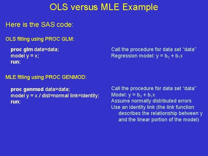 OLS versus MLE Example Here is the SAS code: OLS fitting using PROC GLM: