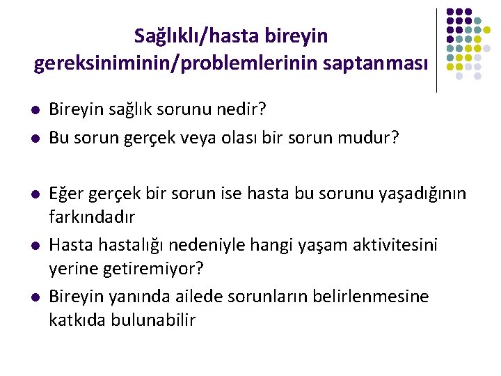 Sağlıklı/hasta bireyin gereksiniminin/problemlerinin saptanması l l l Bireyin sağlık sorunu nedir? Bu sorun gerçek