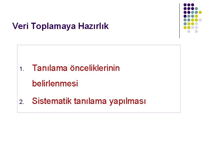 Veri Toplamaya Hazırlık 1. Tanılama önceliklerinin belirlenmesi 2. Sistematik tanılama yapılması 