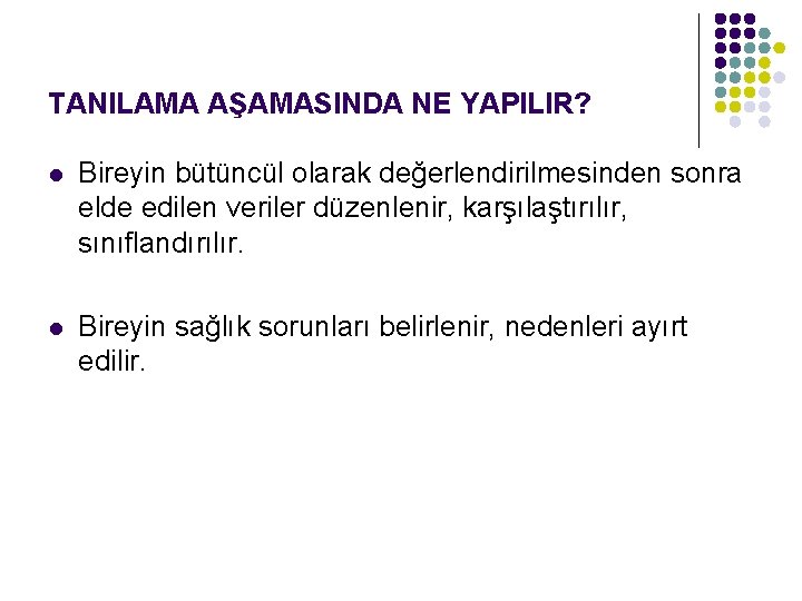 TANILAMA AŞAMASINDA NE YAPILIR? l Bireyin bütüncül olarak değerlendirilmesinden sonra elde edilen veriler düzenlenir,