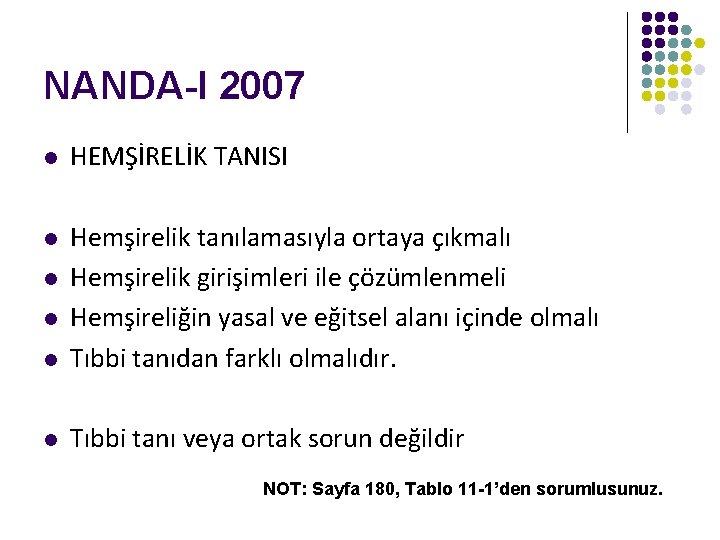 NANDA-I 2007 l HEMŞİRELİK TANISI l l Hemşirelik tanılamasıyla ortaya çıkmalı Hemşirelik girişimleri ile