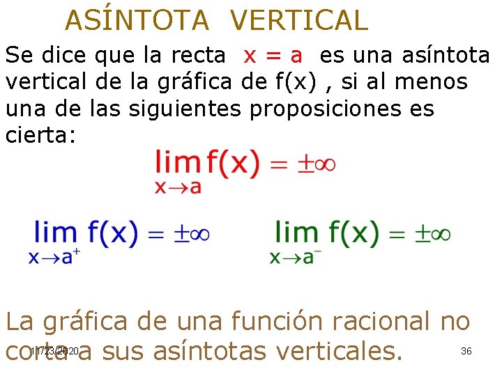 ASÍNTOTA VERTICAL Se dice que la recta x = a es una asíntota vertical