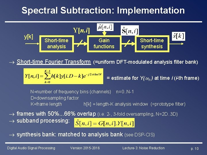 Spectral Subtraction: Implementation y[k] Y[n, i] Short-time analysis Gain functions Short-time synthesis Short-time Fourier