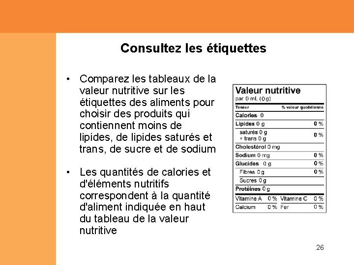 Consultez les étiquettes • Comparez les tableaux de la valeur nutritive sur les étiquettes Consultez les étiquettes • Comparez les tableaux de la valeur nutritive sur les étiquettes