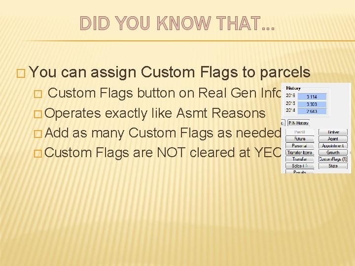 DID YOU KNOW THAT… � You can assign Custom Flags to parcels Custom Flags