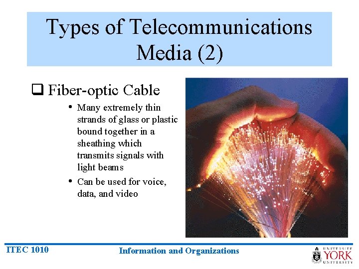 Types of Telecommunications Media (2) q Fiber-optic Cable • Many extremely thin • ITEC