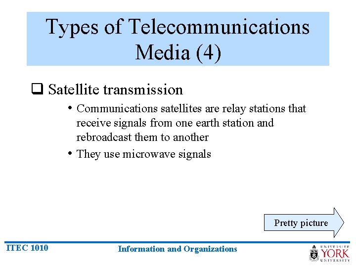 Types of Telecommunications Media (4) q Satellite transmission • Communications satellites are relay stations