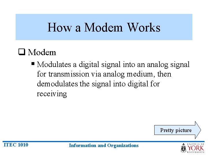 How a Modem Works q Modem § Modulates a digital signal into an analog
