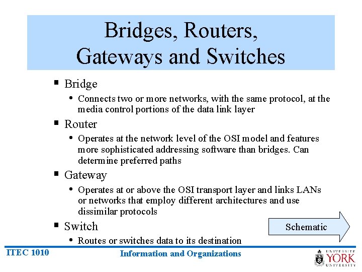 Bridges, Routers, Gateways and Switches § Bridge • Connects two or more networks, with