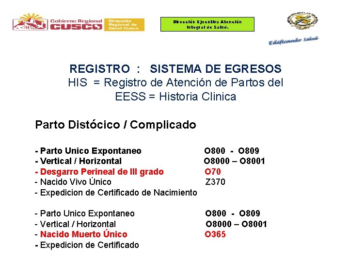 Dirección Ejecutiva Atención Integral de Salud. REGISTRO : SISTEMA DE EGRESOS HIS = Registro