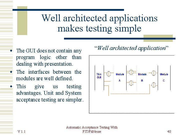 Well architected applications makes testing simple The GUI does not contain any program logic
