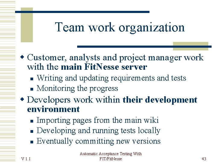 Team work organization Customer, analysts and project manager work with the main Fit. Nesse
