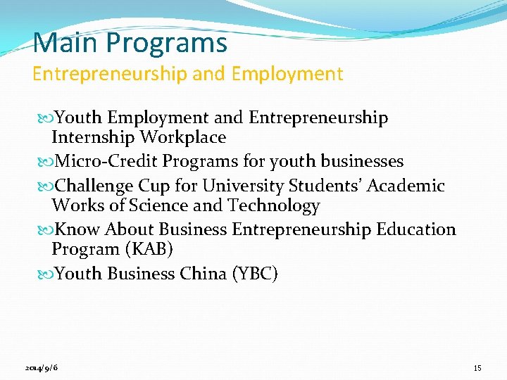 Main Programs Entrepreneurship and Employment Youth Employment and Entrepreneurship Internship Workplace Micro-Credit Programs for
