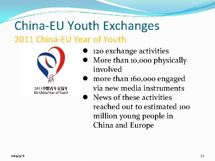 China-EU Youth Exchanges 2011 China-EU Year of Youth l 120 exchange activities l More