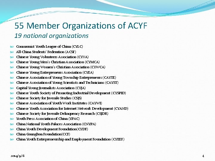 55 Member Organizations of ACYF 19 national organizations Communist Youth League of China (CYLC)