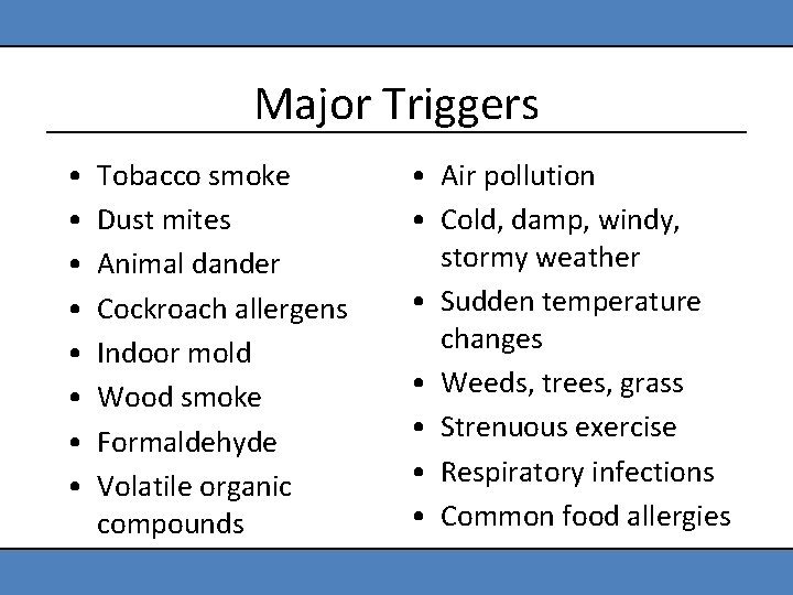 Major Triggers • • Tobacco smoke Dust mites Animal dander Cockroach allergens Indoor mold