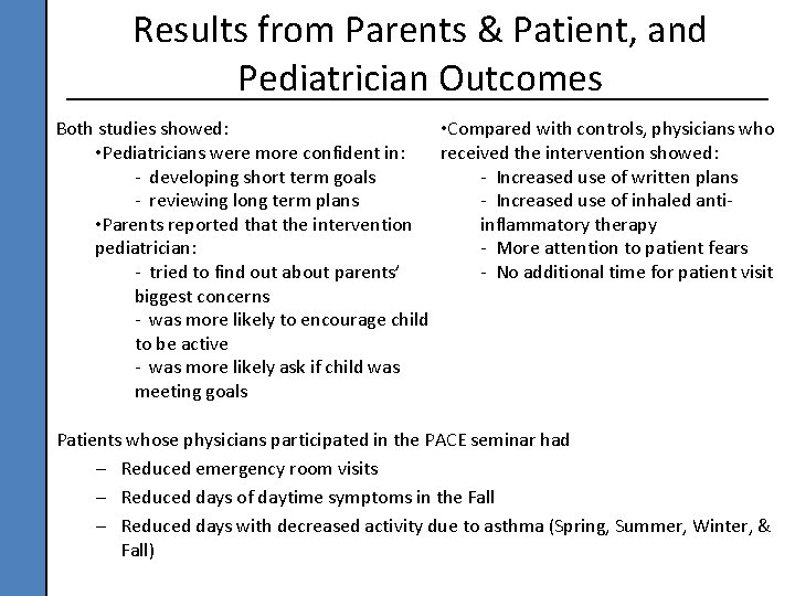 Results from Parents & Patient, and Pediatrician Outcomes • Compared with controls, physicians who
