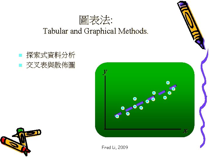 圖表法: Tabular and Graphical Methods. n n 探索式資料分析 交叉表與散佈圖 y x Fred Li, 2009