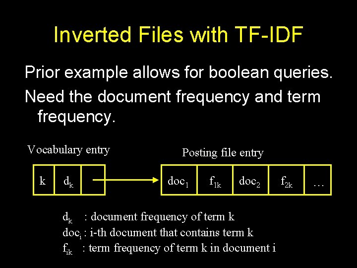 Inverted Files with TF-IDF Prior example allows for boolean queries. Need the document frequency