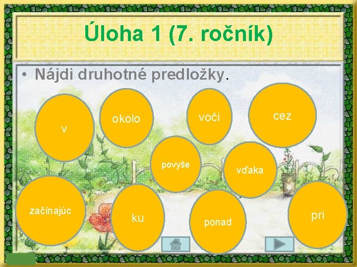 Úloha 1 (7. ročník) • Nájdi druhotné predložky. v povyše začínajúc ku cez voči