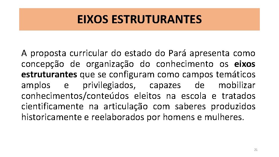 EIXOS ESTRUTURANTES A proposta curricular do estado do Pará apresenta como concepção de organização