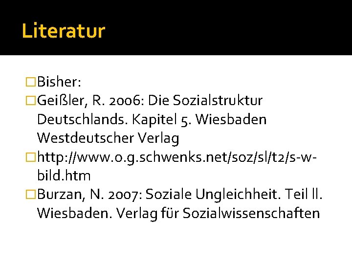 Literatur �Bisher: �Geißler, R. 2006: Die Sozialstruktur Deutschlands. Kapitel 5. Wiesbaden Westdeutscher Verlag �http: