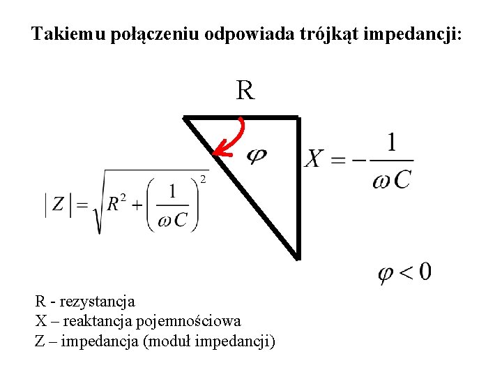 Takiemu połączeniu odpowiada trójkąt impedancji: R R - rezystancja X – reaktancja pojemnościowa Z