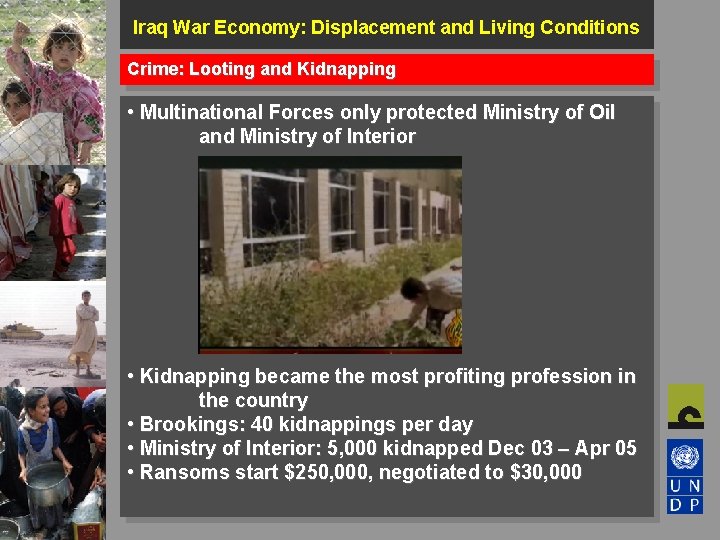 Iraq War Economy: Displacement and Living Conditions Crime: Looting and Kidnapping • Multinational Forces