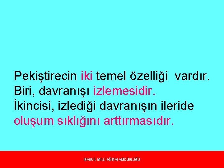 Pekiştirecin iki temel özelliği vardır. Biri, davranışı izlemesidir. İkincisi, izlediği davranışın ileride oluşum sıklığını