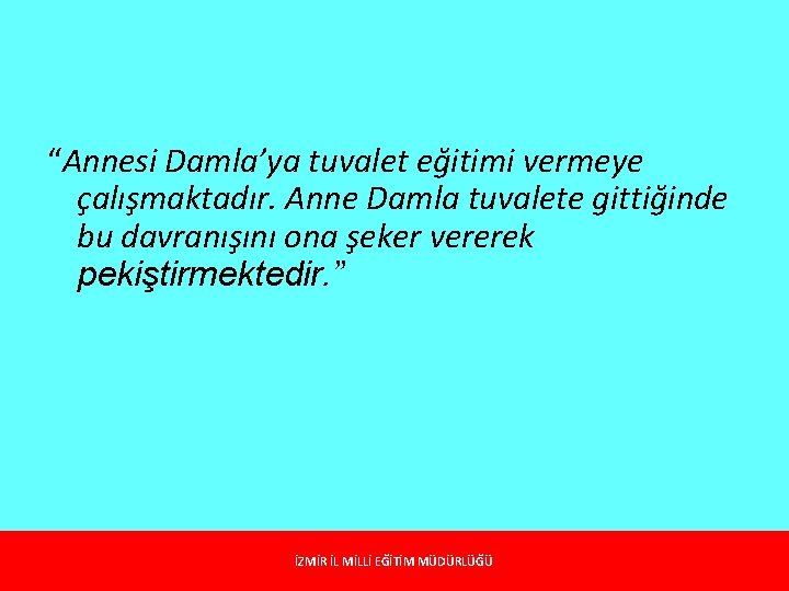 “Annesi Damla’ya tuvalet eğitimi vermeye çalışmaktadır. Anne Damla tuvalete gittiğinde bu davranışını ona şeker