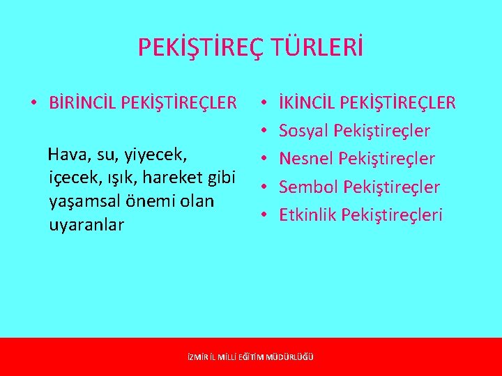 PEKİŞTİREÇ TÜRLERİ • BİRİNCİL PEKİŞTİREÇLER • • Hava, su, yiyecek, • içecek, ışık, hareket