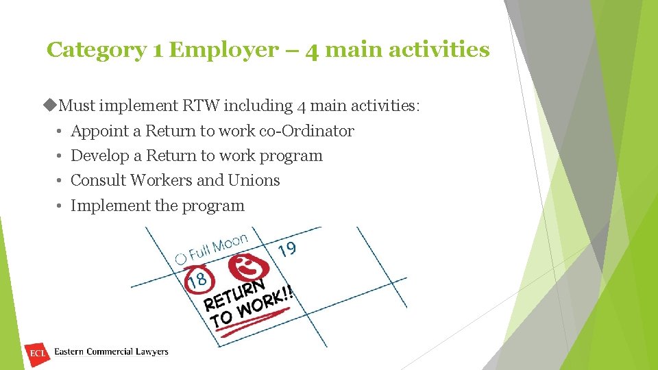 Category 1 Employer – 4 main activities Must implement RTW including 4 main activities: