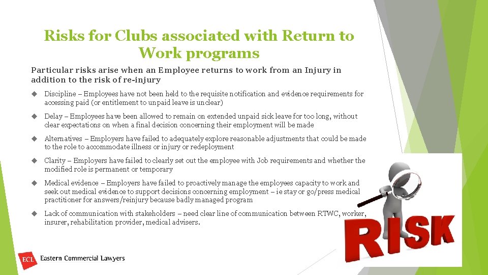 Risks for Clubs associated with Return to Work programs Particular risks arise when an