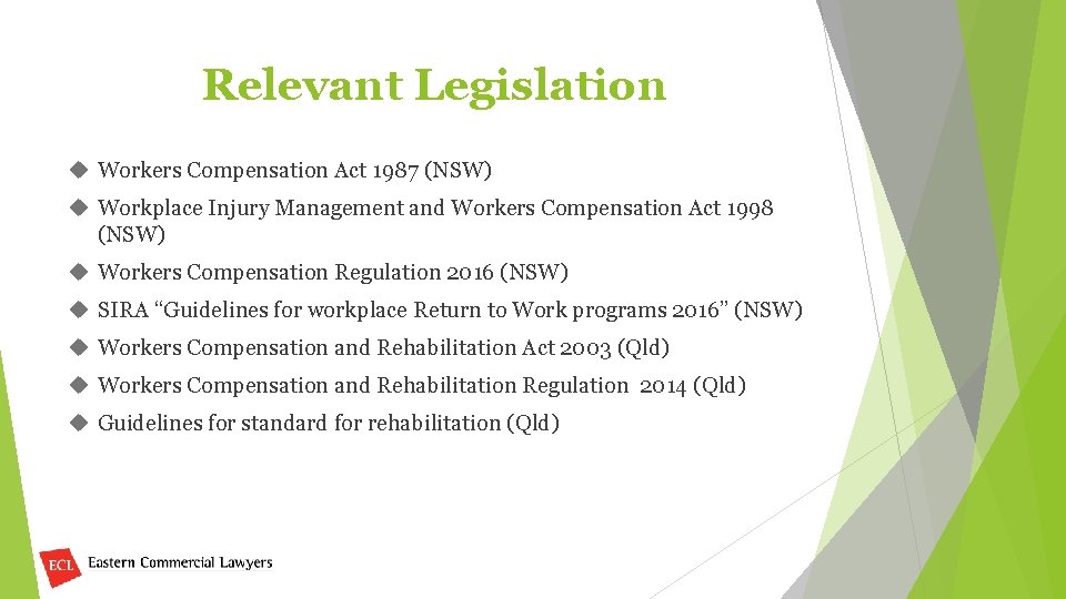 Relevant Legislation Workers Compensation Act 1987 (NSW) Workplace Injury Management and Workers Compensation Act