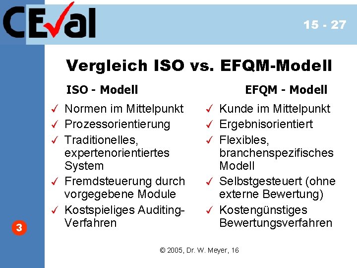 15 - 27 Vergleich ISO vs. EFQM-Modell ISO - Modell 3 EFQM - Modell