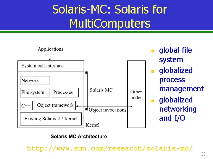 Solaris-MC: Solaris for Multi. Computers n n n global file system globalized process management