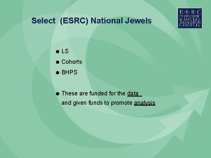Select (ESRC) National Jewels = LS = Cohorts = BHPS = These are funded Select (ESRC) National Jewels = LS = Cohorts = BHPS = These are funded