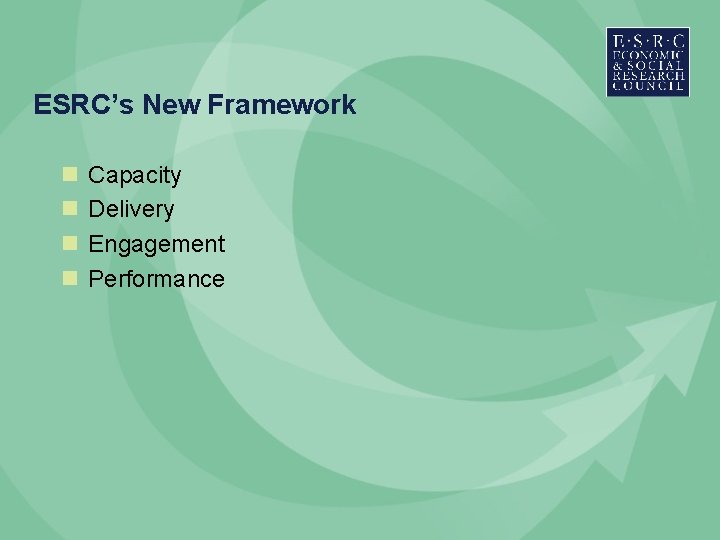 ESRC’s New Framework n n Capacity Delivery Engagement Performance ESRC’s New Framework n n Capacity Delivery Engagement Performance