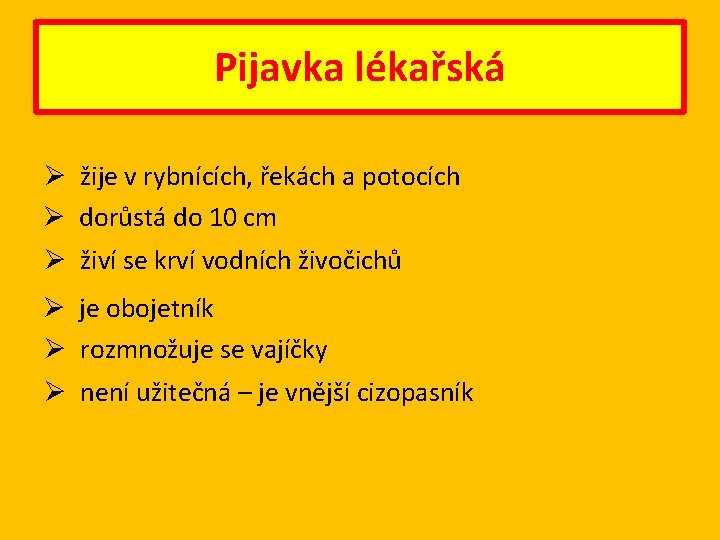 Pijavka lékařská Ø žije v rybnících, řekách a potocích Ø dorůstá do 10 cm