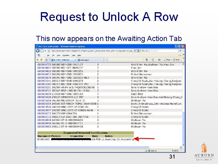 Request to Unlock A Row This now appears on the Awaiting Action Tab 31