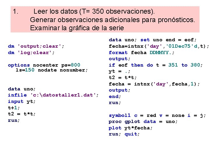 1. Leer los datos (T= 350 observaciones). Generar observaciones adicionales para pronósticos. Examinar la