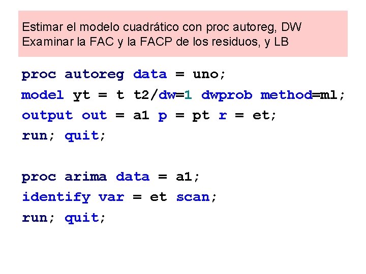 Estimar el modelo cuadrático con proc autoreg, DW Examinar la FAC y la FACP