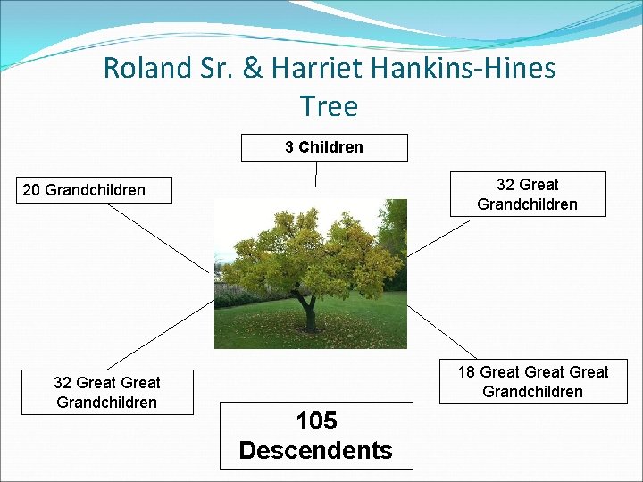 Roland Sr. & Harriet Hankins-Hines Tree 3 Children 32 Great Grandchildren 20 Grandchildren 32 Roland Sr. & Harriet Hankins-Hines Tree 3 Children 32 Great Grandchildren 20 Grandchildren 32
