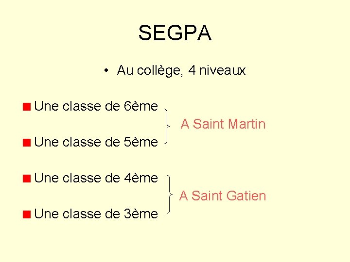SEGPA • Au collège, 4 niveaux Une classe de 6ème A Saint Martin Une