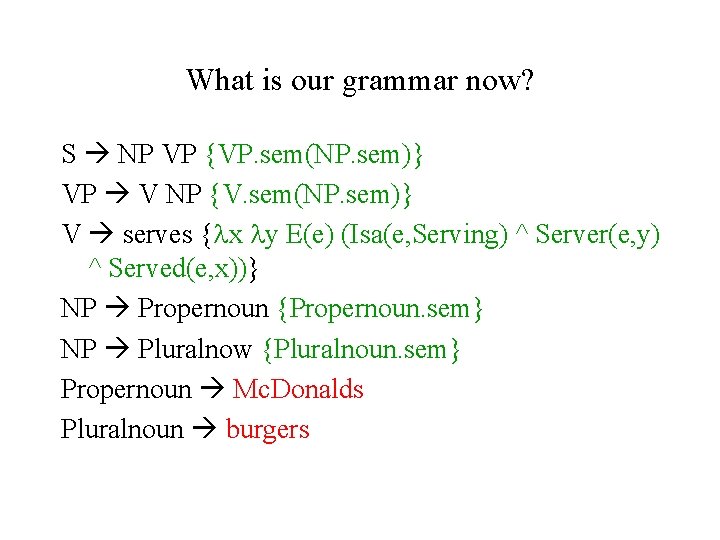 What is our grammar now? S NP VP {VP. sem(NP. sem)} VP V NP