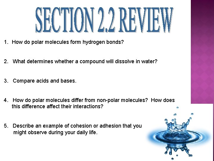 1. How do polar molecules form hydrogen bonds? 2. What determines whether a compound