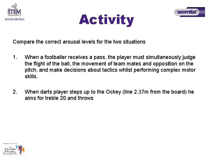 Activity Compare the correct arousal levels for the two situations 1. When a footballer Activity Compare the correct arousal levels for the two situations 1. When a footballer