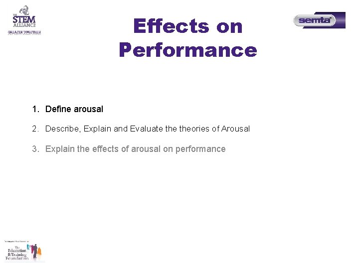Effects on Performance 1. Define arousal 2. Describe, Explain and Evaluate theories of Arousal Effects on Performance 1. Define arousal 2. Describe, Explain and Evaluate theories of Arousal