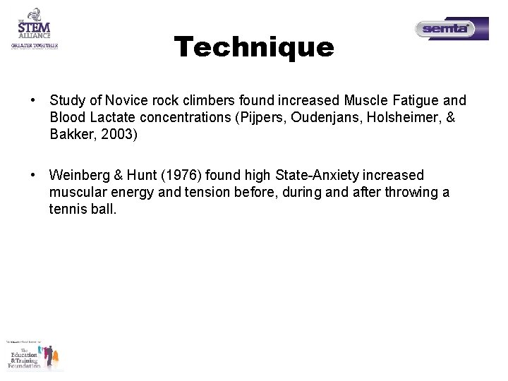 Technique • Study of Novice rock climbers found increased Muscle Fatigue and Blood Lactate Technique • Study of Novice rock climbers found increased Muscle Fatigue and Blood Lactate